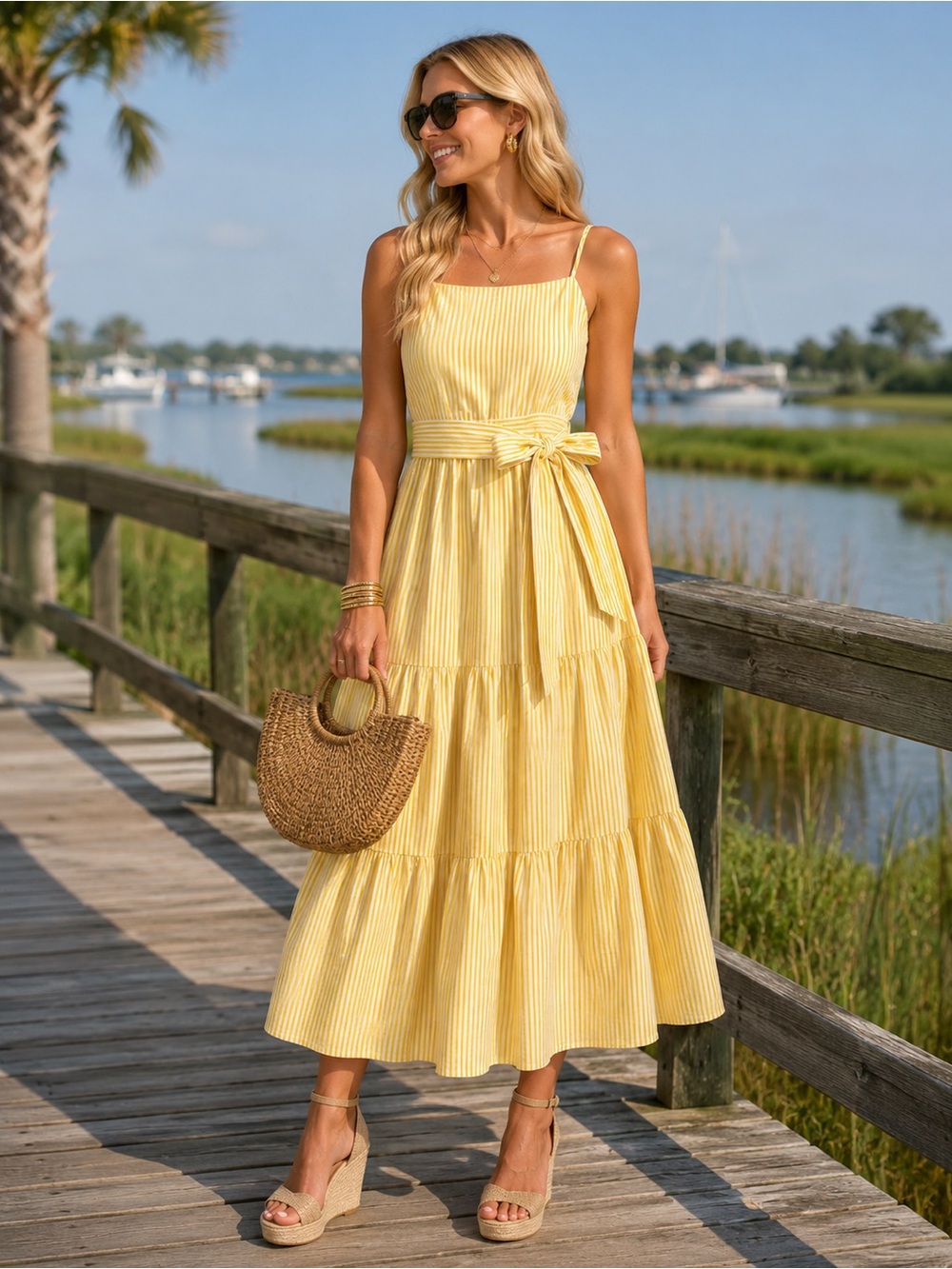 English Factory Yellow Striped Spaghetti Strap Sun Dress Maxi - Medium